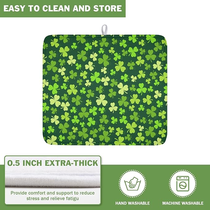 St. Patrick's Day Dish Drying Mat for Kitchen Counter,Irish Green Shamrocks Clover Leaves Drying Mat 16 x 18 Inch with Absorbent Reversible Microfiber Dish Drying Pad for Coffee Bar - Image 5