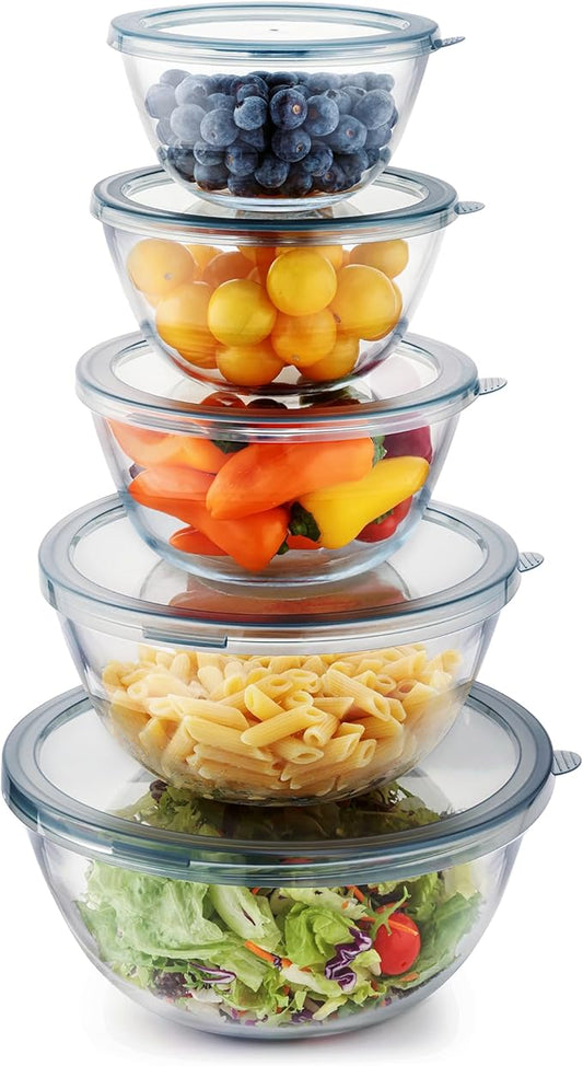 Cuiselect 5pc Glass Mixing Bowls with Lids Set (4.65QT, 2.80QT, 1.64QT, 1.16QT, 0.85QT), Nesting Salad Bowl, Large Glass Mixing Bowl for Cooking, Baking, Prepping-Dishwasher Microwave Freezer Safe