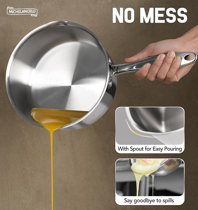 MICHELANGELO Stainless Steel Saucepan with Lid & Steamer, 3 Quart Sauce Pan with Lid, Steamer Pot with Pour Spout, 3 Qt Stainless Steel Pot, Induction Compatible, Oven Safe - Image 3