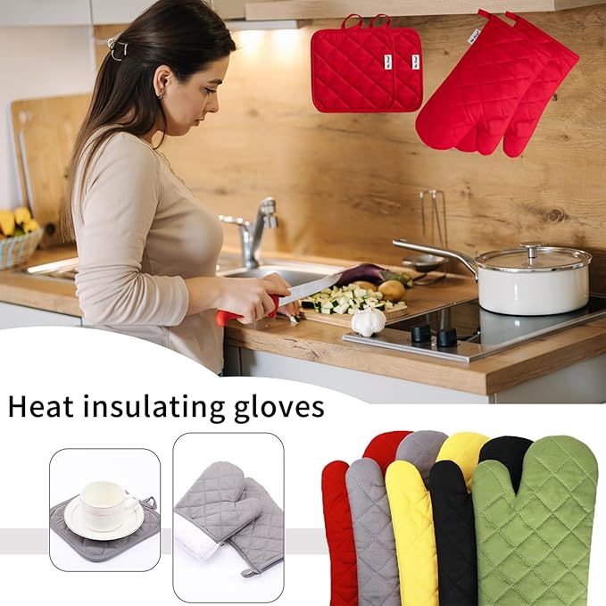 Oven Mitts and Pot Holders Sets,6 Pcs Oven Mitts and Potholders with Recycled Cotton High Heat Resistant Extra Thick Long Oven Mitts for Cooking(Red) - Image 3
