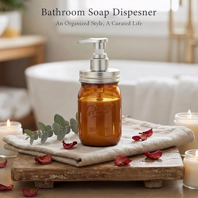 Amolliar Plastic Mason Jar Soap Dispenser with Pump Lid,16OZ Refillable Hand Soap Dispenser Set with Cute Lables - Farmhouse Decor for Kitchen Bathroom, Liquid Soap, Dish Soap, Lotion (2 Pack, Amber) - Image 5