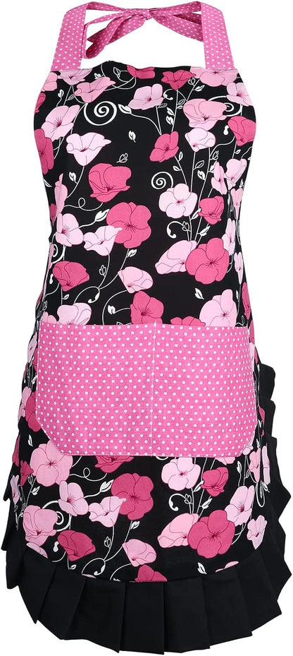 G2PLUS Cotton Kitchen Apron with Pocket, Adjustable Cooking and Baking Apron for Women, Floral Chef Apron for BBQ, Housewarming Gift, Farmhouse Kitchen Decor (Pink + Black)