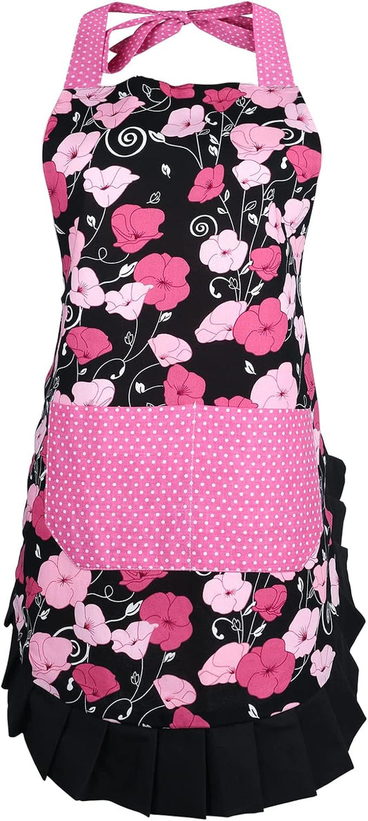 G2PLUS Cotton Kitchen Apron with Pocket, Adjustable Cooking and Baking Apron for Women, Floral Chef Apron for BBQ, Housewarming Gift, Farmhouse Kitchen Decor (Pink + Black)