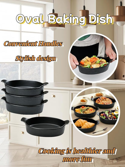 Oval Au Gratin Baking Dishes Set of 4 9" x 5" 19 oz matte black Ceramic Oven Safe & Heat Resistant With Handles for Small Mini Casseroles Cooking & Serving