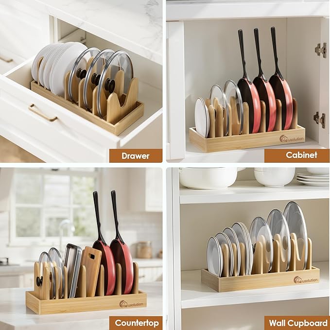 Housolution Bamboo Pot and Pan Organizer for Cabinet, Pot Lid Organizer with 7 Adjustable Dividers, Pan Holder Storage Rack with Solid Bamboo Wooden Base - Image 7