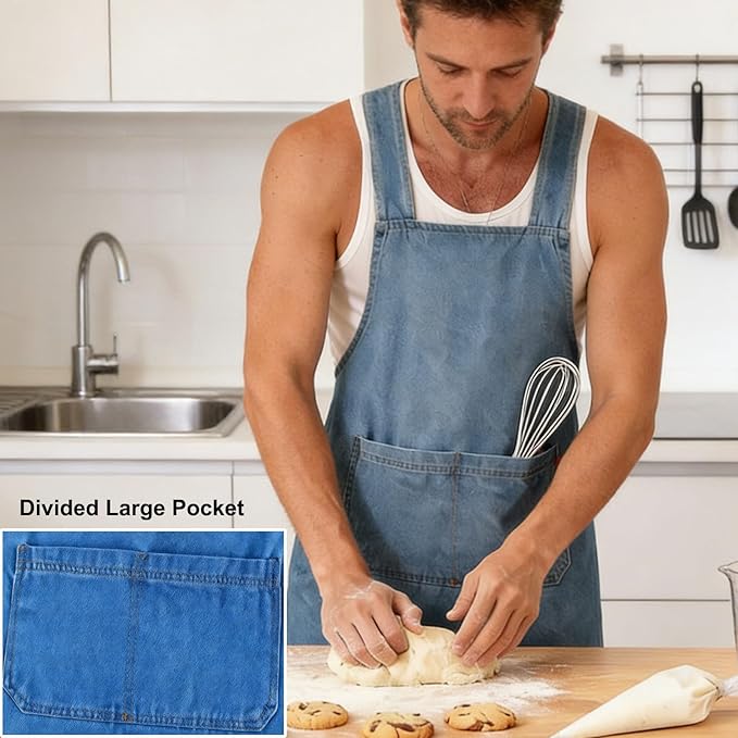 Adult Jour Apron, Lightweight Cotton Apron with Front Pocket, Denim Cross Back Aprons, Durable & Stain-Resistant