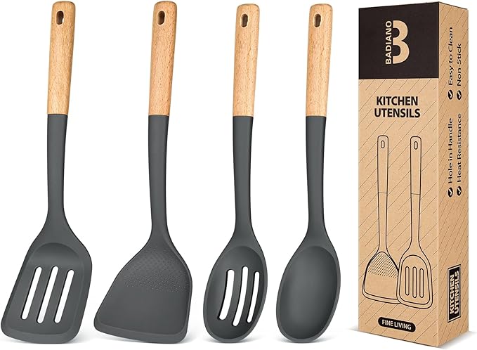 Silicone Cooking Utensils Set, Perfectly Angled for Frying, Mixing,Serving,Draining,Turning and Stirring, BPA-Free Matte Silicone, Wood Handles, Safe for Nonstick Cooking Surfaces,4 Pack (Grey) by BADIANO