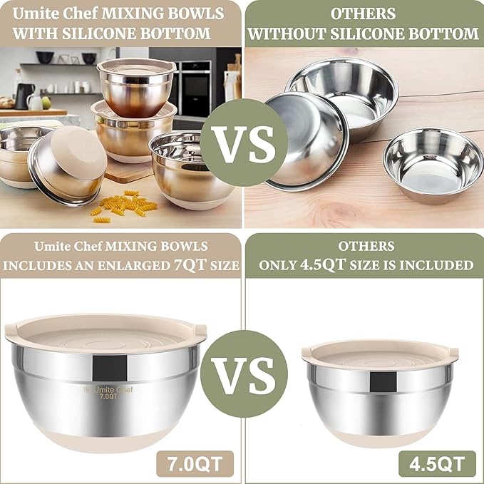 Umite Chef Mixing Bowls with Airtight Lids, 6 piece Stainless Steel Metal Nesting Storage Bowls, Non-Slip Bottoms Size 7, 3.5, 2.5, 2.0,1.5, 1QT, Great for Mixing & Serving (Khaki) - Image 2
