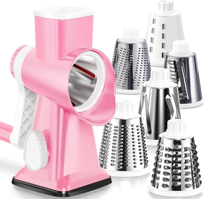 KEOUKE Rotary Cheese Grater Pro 6 in 1 - Shredder Crinkle Slicer Grinder Ice Shaver, Stable Suction, Time-saving Easy Use & Clean, Safe Morden Kitchen Tool for Cheese, Vegetable, Nuts, Chocolate by KEOUKE