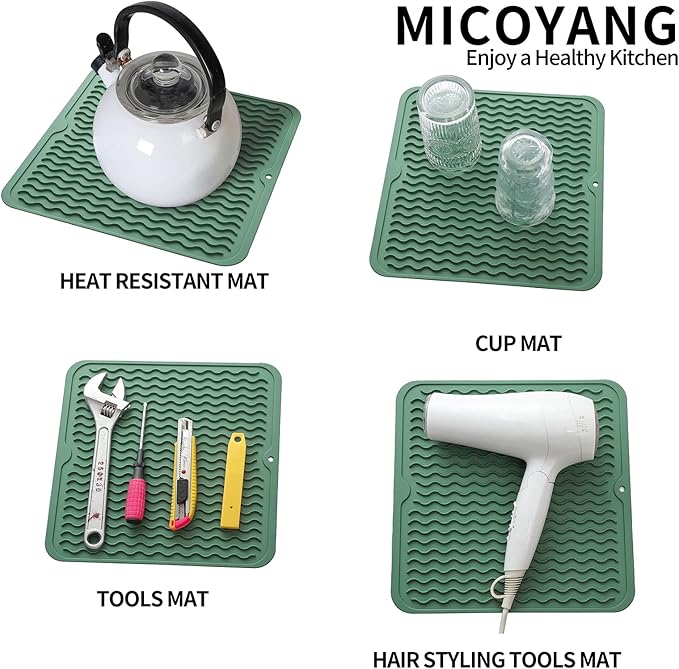 MicoYang Silicone Dish Drying Mat for Multiple Usage,Easy clean,Eco-friendly,Heat-resistant Silicone Mat for Kitchen Counter or Sink,Refrigerator or Drawer liner Green M 12 inches x 12 inches - Image 4