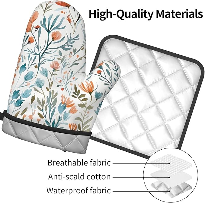 Teal Orange Watercolor Floral Oven Mitts and Pot Holders Sets of 3, Heat Resistant Non-Slip Washable, Chef Cooking Baking Gifts for Women Bakers, Burnt Orange Blue Green Flowers Charming Kitchen Decor - Image 9