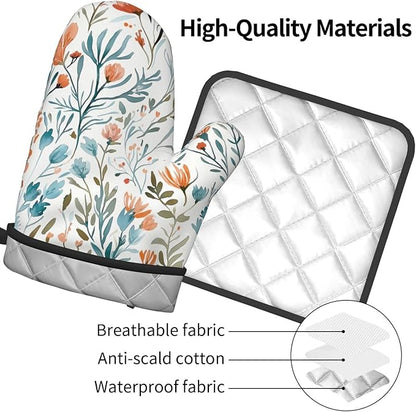 Teal Orange Watercolor Floral Oven Mitts and Pot Holders Sets of 3, Heat Resistant Non-Slip Washable, Chef Cooking Baking Gifts for Women Bakers, Burnt Orange Blue Green Flowers Charming Kitchen Decor - Image 9