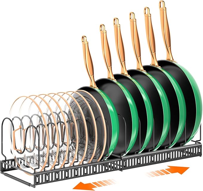 MUDEELA Pots and Pans Organizer Rack for under Cabinet, Expandable Pot Lid Kitchen Cabinet Organizer Holder with 14 Adjustable Compartment Cutting Board Organizer for Pan Lid, Bakeware by MUDEELA
