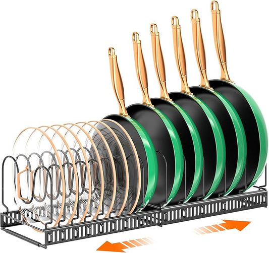 MUDEELA Pots and Pans Organizer Rack for under Cabinet, Expandable Pot Lid Kitchen Cabinet Organizer Holder with 14 Adjustable Compartment Cutting Board Organizer for Pan Lid, Bakeware by MUDEELA