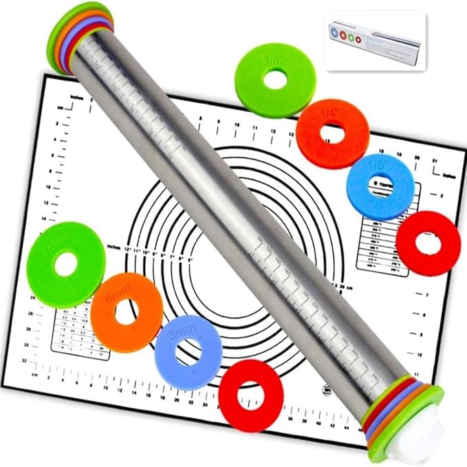 Rolling Pin with Adjustable Thickness Rings and Silicone Baking Pastry Mat Set for Baking,Stainless Steel Dough Roller,Baking Supplies for Cookie Fondant Pizza Cake Pasta (Black) by Unknown