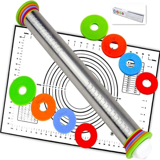 Rolling Pin with Adjustable Thickness Rings and Silicone Baking Pastry Mat Set for Baking,Stainless Steel Dough Roller,Baking Supplies for Cookie Fondant Pizza Cake Pasta (Black) by Unknown