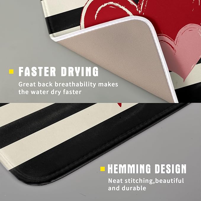 Valentines Day Dish Drying Mat for Kitchen Counter 16x18 Inch Red Pink Love Heart Black Striped Print Absorbent Reversible Microfiber Drying Mats Kitchen Countertop Protector Dishes Drainer Rack Pad - Image 3