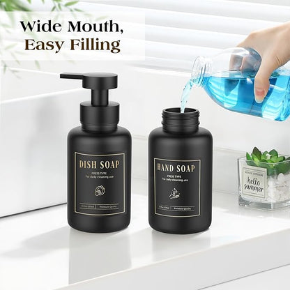 Luxspire Foaming Soap Dispenser, Glass Foam Pump Soap Dispenser, Non-Slip Hand Soap Bottle with 5 Waterproof Labels, 15 Oz Refillable Liquid Soap Bottle for Bathroom & Kitchen, Black, 2 Pack