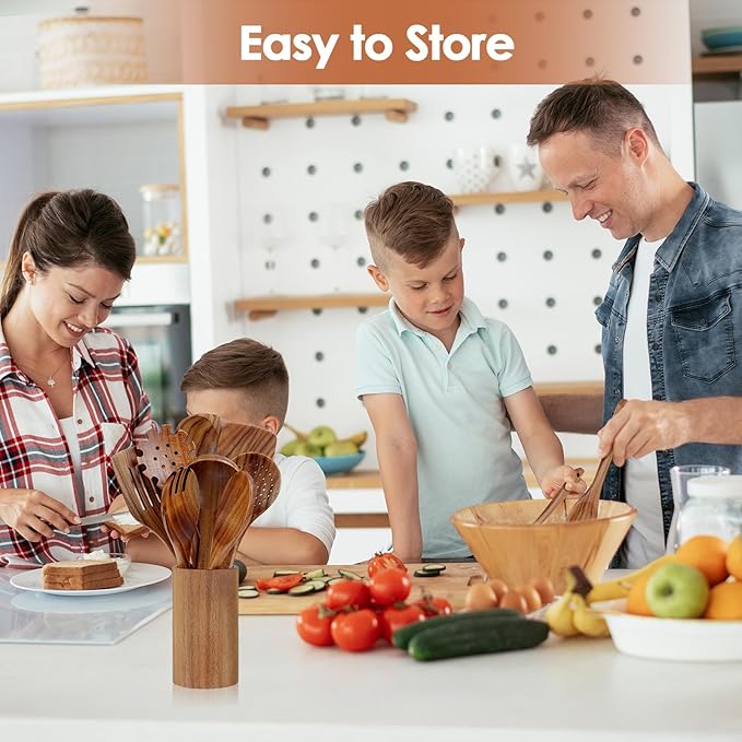 comfoyar Teak Wooden Spoons for Cooking, 9 Pieces Kitchen Cooking Utenails Set with Holder and Ladle, Heat Resistant Kitchen Cookware for Nonstick Pan - Image 5