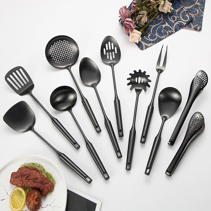 304 Stainlss Steel Matte Kitchen Utensils Set, 11 Pcs Long Metal Cooking Utensil Gadgets Tools Set with Spatula, Ladle, Spoon, Ladle, Skimmer, Tunner, Pasta Server, Tongs(Black, Dishwasher Safe) - Image 2