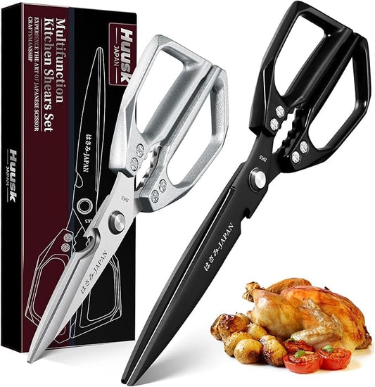 HUUSK Kitchen Shears Set Upgraded - Stainless Steel Kitchen Scissors, Sharp Meat Scissors, Heavy Duty Poultry Shear, Japanese Cooking Scissor for Food, Dishwasher Safe, Gifts for Men Women