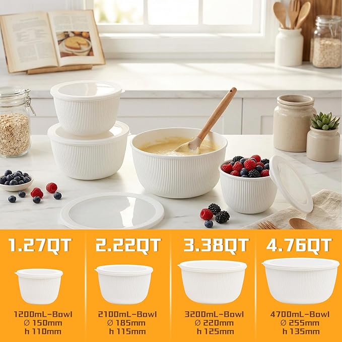 BoxedHome Mixing Bowls with Lids Set, 4 Packs BPA-Free Plastic Prep Bowls for Kitchen, Dishwasher & Microwave Safe, Large Capacity, Beige - Image 12