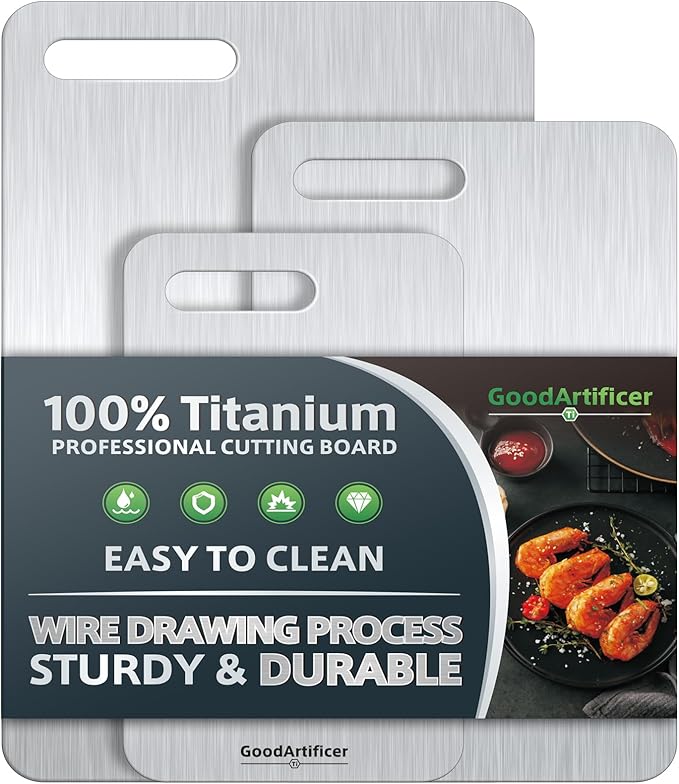 Titanium Cutting Boards Set of 3, 100% Pure Titanium Kitchen Cutting Board, Double-Sided Non-Toxic Cutting Board, Ideal for Slicing and Dicing Meats, Features Handle, Dishwasher Safe by Goodartificer