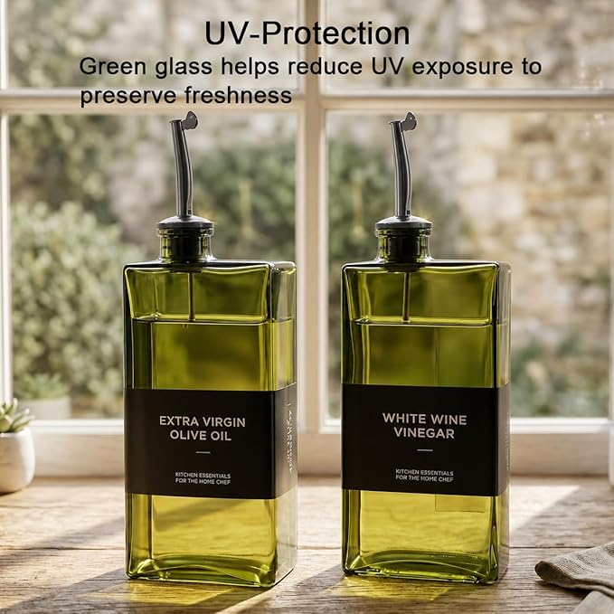 Glass Olive Oil Dispenser Bottle Set of 2 (16.9 oz/500 ml), Green Square Oil & Vinegar Cruet with Drip-Reducing Pour Spouts, Bamboo Tray + Stainless Steel Funnel, 40 Labels for Kitchen Counter