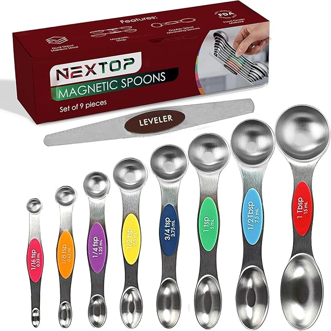 Magnetic Measuring Spoons Set of 9 Stainless Steel Dual-Sided Stackable Measuring Spoon Nesting Teaspoons Measuring Dry and Liquid Ingredients, Fits in Spice Jars Set of 9 (Multicolor) by Nextop