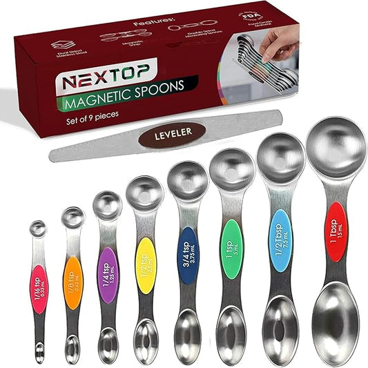 Magnetic Measuring Spoons Set of 9 Stainless Steel Dual-Sided Stackable Measuring Spoon Nesting Teaspoons Measuring Dry and Liquid Ingredients, Fits in Spice Jars Set of 9 (Multicolor) by Nextop