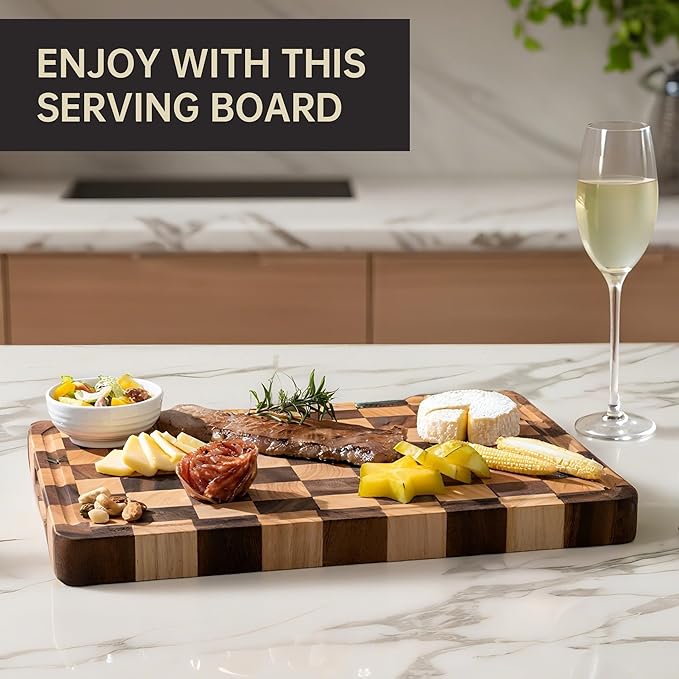 Checkered Cutting Boards for Kitchen, Acacia Wooden Chopping Board with Juice Grooves & Handles, Thickened Butcher Block for Meat, Vegetables and Fruits with Gift Box, 16" x 11" x 1.4" - Image 4