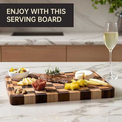 Checkered Cutting Boards for Kitchen, Acacia Wooden Chopping Board with Juice Grooves & Handles, Thickened Butcher Block for Meat, Vegetables and Fruits with Gift Box, 16" x 11" x 1.4" - Image 4