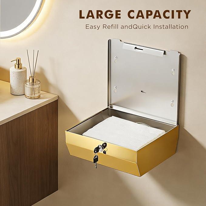 Wall Mounted Stainless Steel Paper Towel Dispenser with Lock, Polished Mirror Finish, Fits C-Fold, Tri-Fold and Multi-Fold Hand Towels, Commercial Restroom & Bathroom Use - Image 3