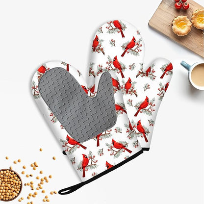 Christmas Cardinal Birds Oven Mitts and Pot Holders Sets of 3, Cardinal Birds Red Berry Decor Oven Mitts, Rdinal Bird Kitchen Decor Heat Resistant Non-Slip Silicone Gloves for Cooking Baking BBQ