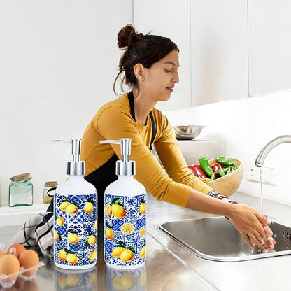 2 Pcs Blue Tiles Lemon Soap Dispenser Blue Tile Yellow Capri Lemon Glass Dispenser Hand Soap Pump Inspired Refillable Liquid Soap and Lotion Bottle Storage for Home Kitchen Bathroom Decor