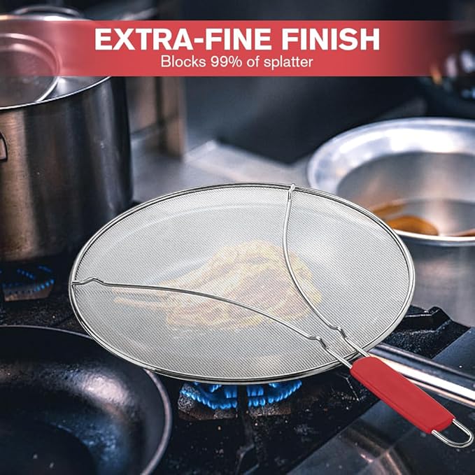 Splatter Screen for Frying Pan & Food Strainer,13 Inch Stainless Steel Grease Splatter Guard,Shield from Splashing Oil, Dishwasher Safe(Red) - Image 3