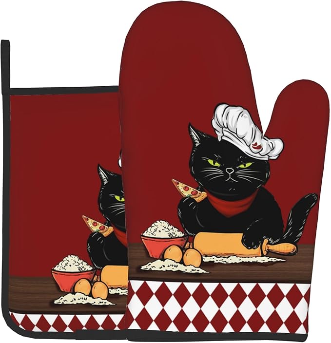 Cat Pot Holders and Oven Mitts - Red Cooking Gloves Hot Pads for Kitchen Fun Chef Gifts for Cooking Lover Cooks by DZGlobal