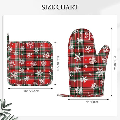 Christmas Plaid Snowflake Oven Mitts and Pot Holders Set, 4pcs Red and Green Checkered Silicone Oven Glove for Kitchen Heat Resistant Buffalo Plaid Oven Mitts and Potholders Non-Slip for BBQ