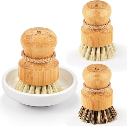 SUBEKYU Bamboo Dish Scrub Brushes, Kitchen Wooden Cleaning Scrubbers Set for Washing Cast Iron Pans/Pots, Set of 3 by SUBEKYU