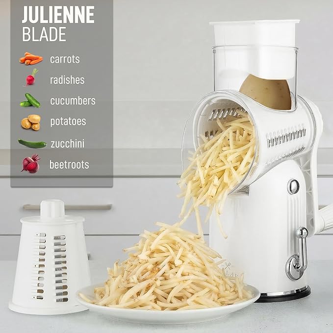 Zulay Kitchen Rotary Cheese Grater 5 Blade Cheese Shredder - Manual Hand Crank Cheese Grater With Reinforced Suction & 5 Interchangeable Drums - Easy to Use, Vegetable Chopper Round Mandoline Slicer - Image 7