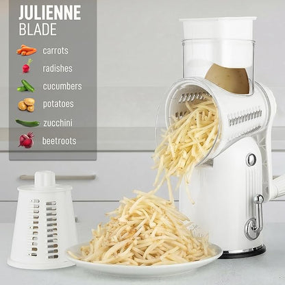 Zulay Kitchen Rotary Cheese Grater 5 Blade Cheese Shredder - Manual Hand Crank Cheese Grater With Reinforced Suction & 5 Interchangeable Drums - Easy to Use, Vegetable Chopper Round Mandoline Slicer - Image 7