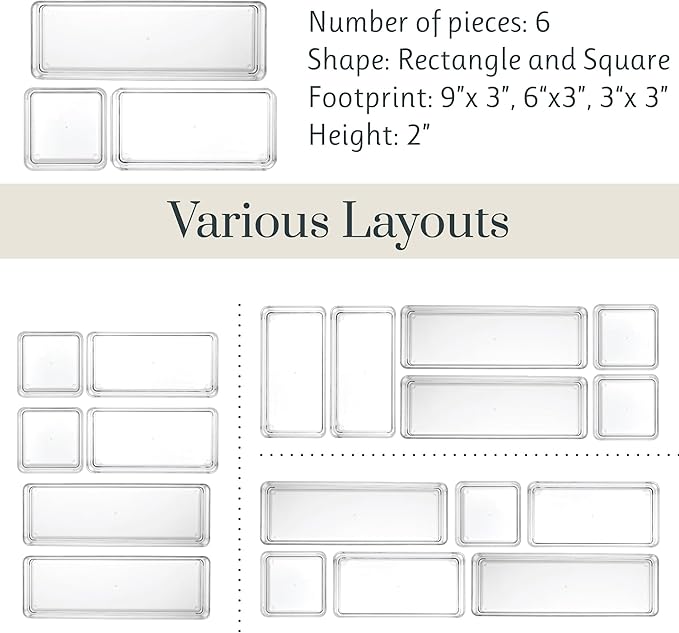 STORi SimpleSort Drawer Organizer Bins 6 pc Set, Multi-size, Bathroom Organizers and Storage, Makeup Organizer, Desk Organizer, Vanity Organizer, Clear Organizing Containers, Made in USA - Image 5