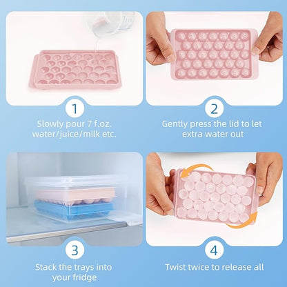 2 Pack Ice Cube Trays Set -with Lids, Storage Container & Ice Tongs,66-Count Stackable Freezer Ice Cube Molds,BPA-Free Mini Ice Maker for Whiskey, Cocktails, Soda & More (1xBlue+1xPink)