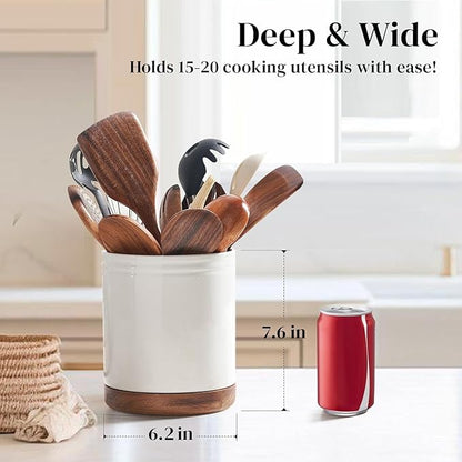 DOWAN 7.6" 360° Rotating Utensil Holder, Kitchen Utensil Holder for Countertop,Large Ceramic Utensil Crock for Kitchen Decor, Protection Cork Bottom, Speck White - Image 2
