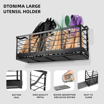 Large Kitchen Utensil Holder with Diatomite Base – Wall-Mountable Utensil Caddy with 4 Compartments – Fast-Drying Matte Black Utensil Organizer for Kitchen Countertop or Wall - Image 3