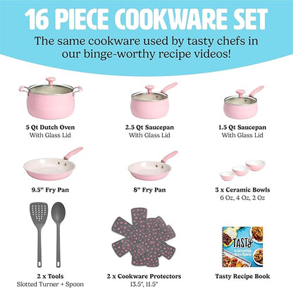 Tasty Clean Ceramic Non-Stick Aluminum Cookware Set, Tempered Glass Lid, Dishwasher Safe, 16-Piece, Pink