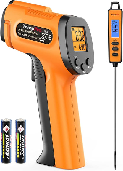 TempPro Temperature Gun, Infrared Thermometer Gun with Laser, Laser Thermometer Gun -58-1022 ℉, Meat Thermometer Digital with Super Long Probe, Food Thermometer for Cooking(Previously ThermoPro)