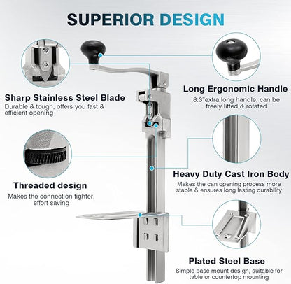 IRONWALLS Commercial Can Opener for Restaurant, 19”/48cm Heavy Duty Table Mount Manual Can Opener for Cans Up to 13” Tall, Metal Professional Can Opener with Plated Steel Base for Hotel, Food Store - Image 7