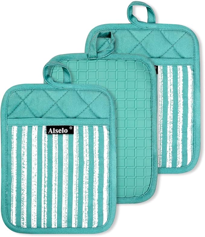 Alselo Silicone Pot Holders Set of 3 Heat Resistant & Non Slip Potholders, Professional Oven Hot Pads with Pockets Mitts for Kitchen Cooking Baking Barbecue by Alselo-Enjoyahealthylife