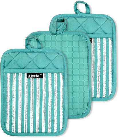 Alselo Silicone Pot Holders Set of 3 Heat Resistant & Non Slip Potholders, Professional Oven Hot Pads with Pockets Mitts for Kitchen Cooking Baking Barbecue by Alselo-Enjoyahealthylife